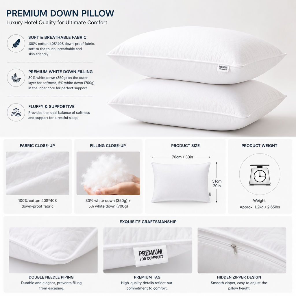 30 percent white goose down pillow material and craftsmanship details