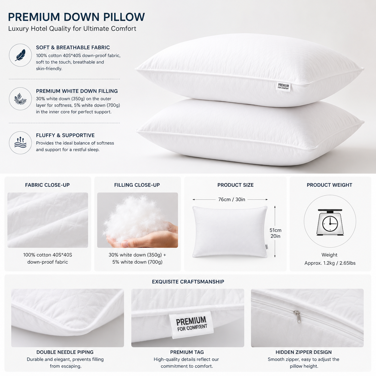 30 percent white goose down pillow material and craftsmanship details