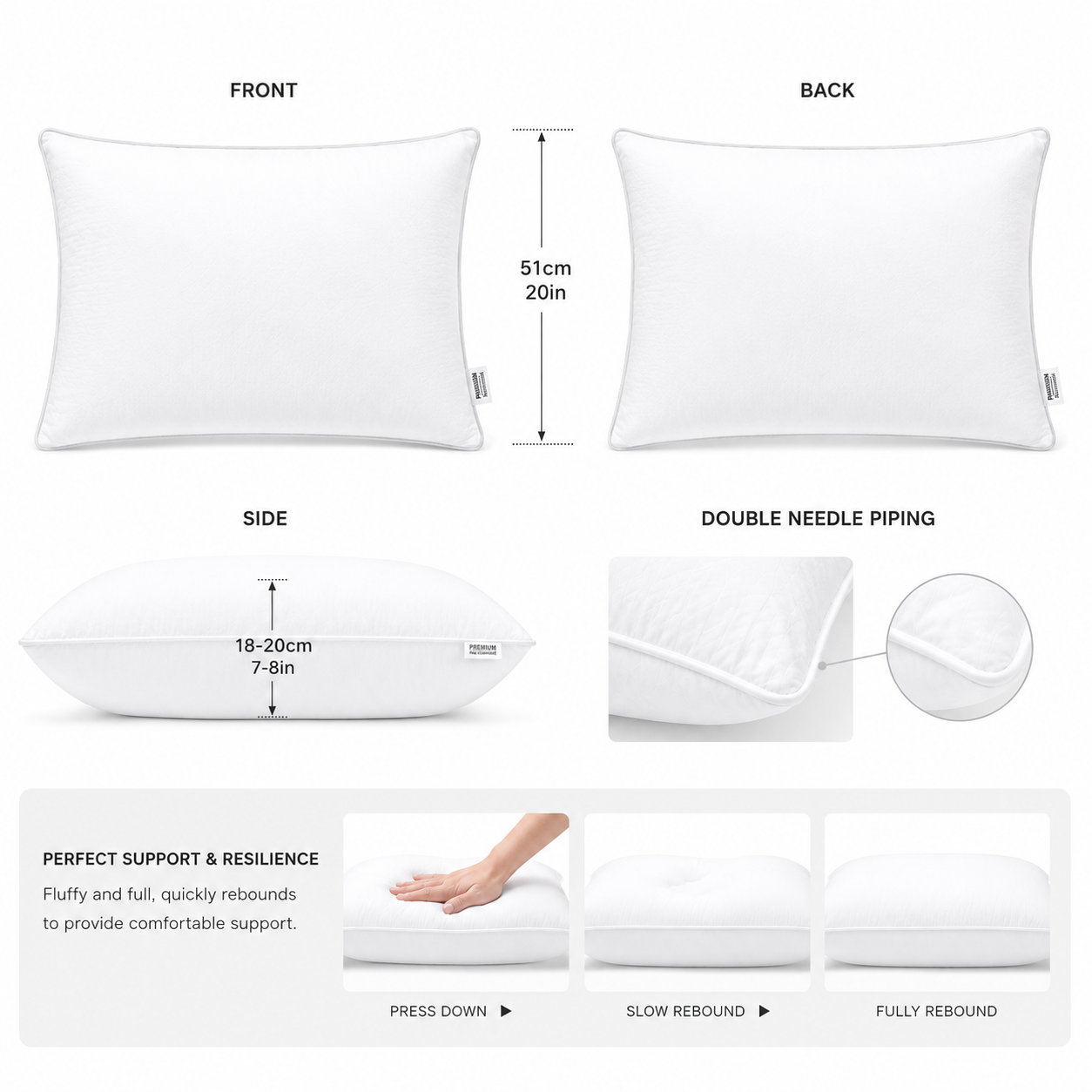 30 percent white goose down pillow material and craftsmanship details