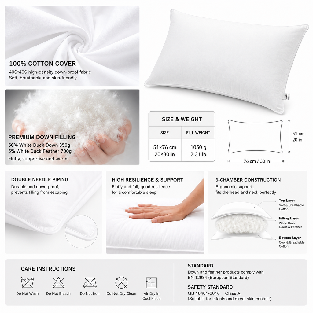 50 percent white duck down hotel pillow material and filling specifications