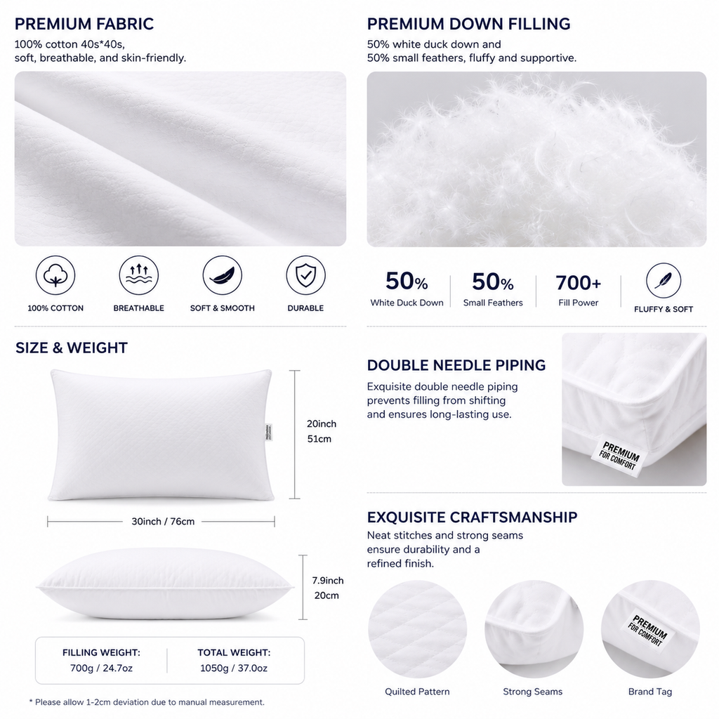 50 percent white duck down hotel pillow material and specifications