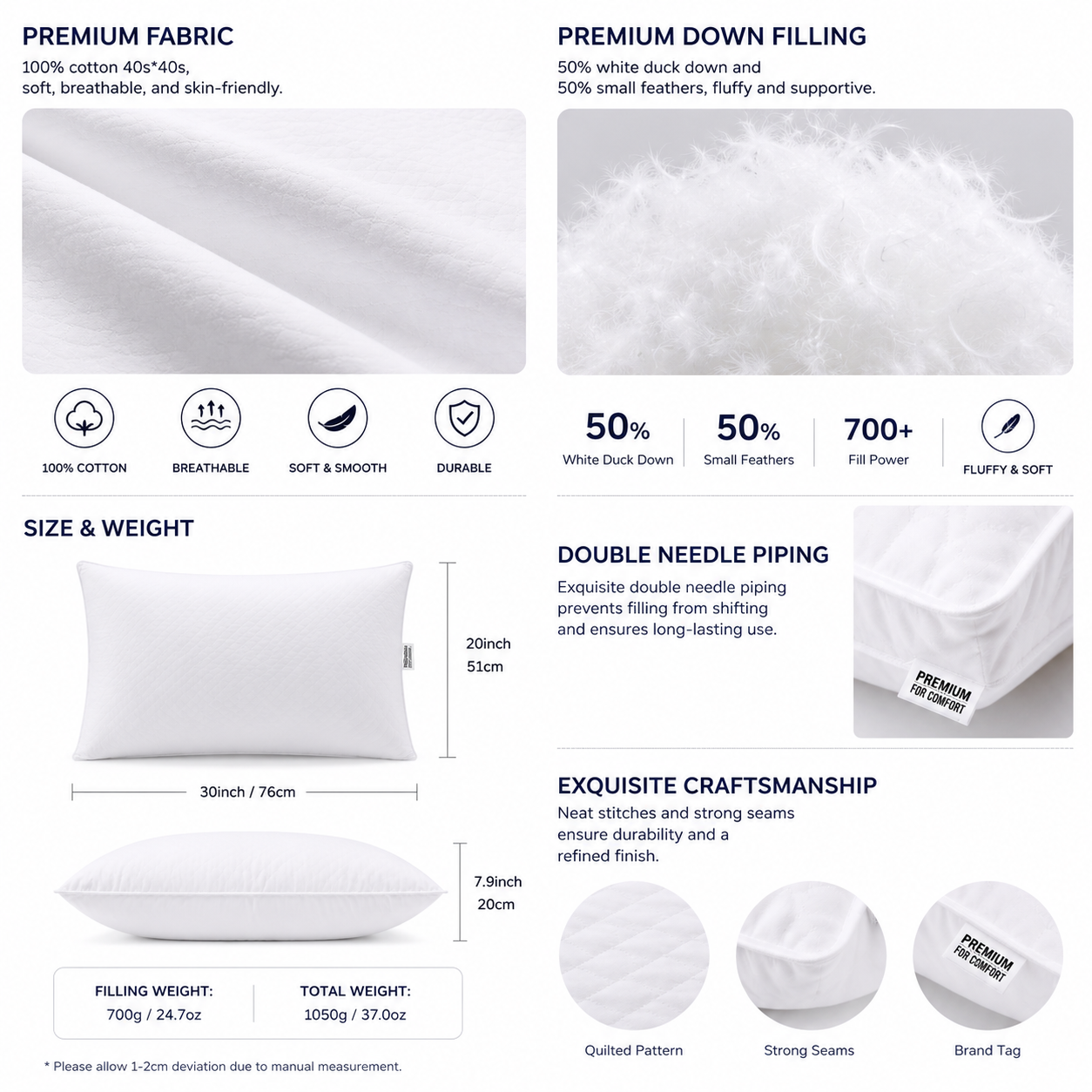 50 percent white duck down hotel pillow material and specifications