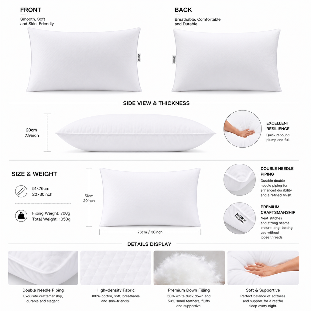 50 percent white duck down hotel pillow material and specifications