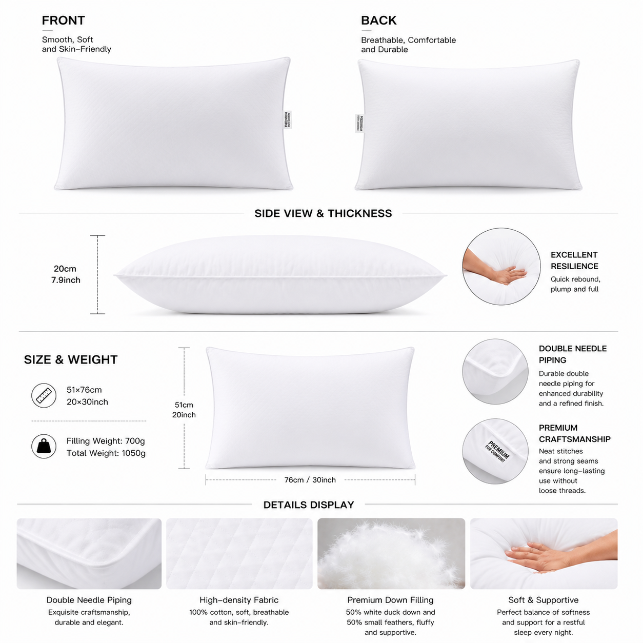 50 percent white duck down hotel pillow material and specifications