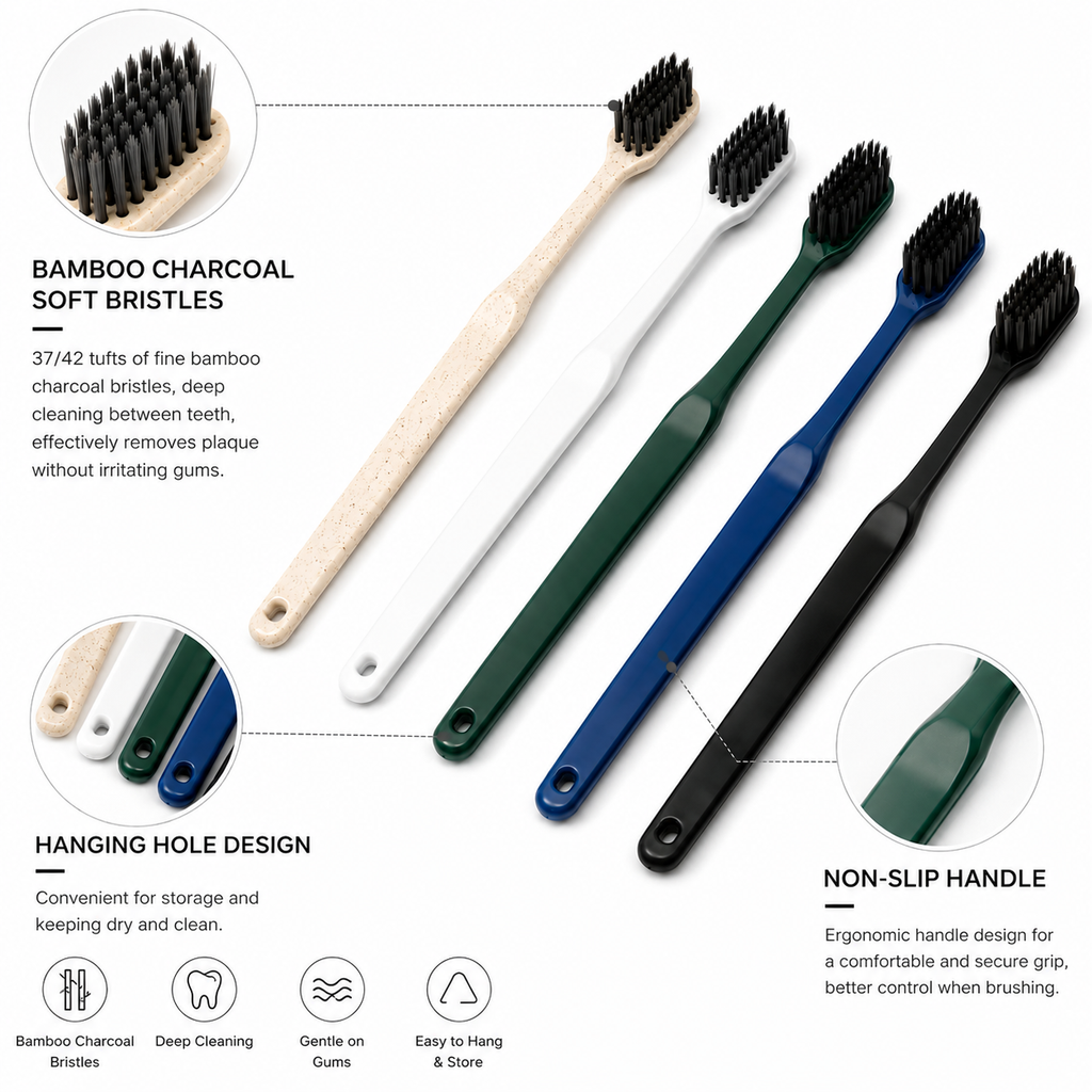 Close-up detail of bamboo charcoal soft bristles and ergonomic anti-slip toothbrush handle