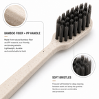 Close-up detail of bamboo fiber hotel toothbrush handle and soft charcoal bristles