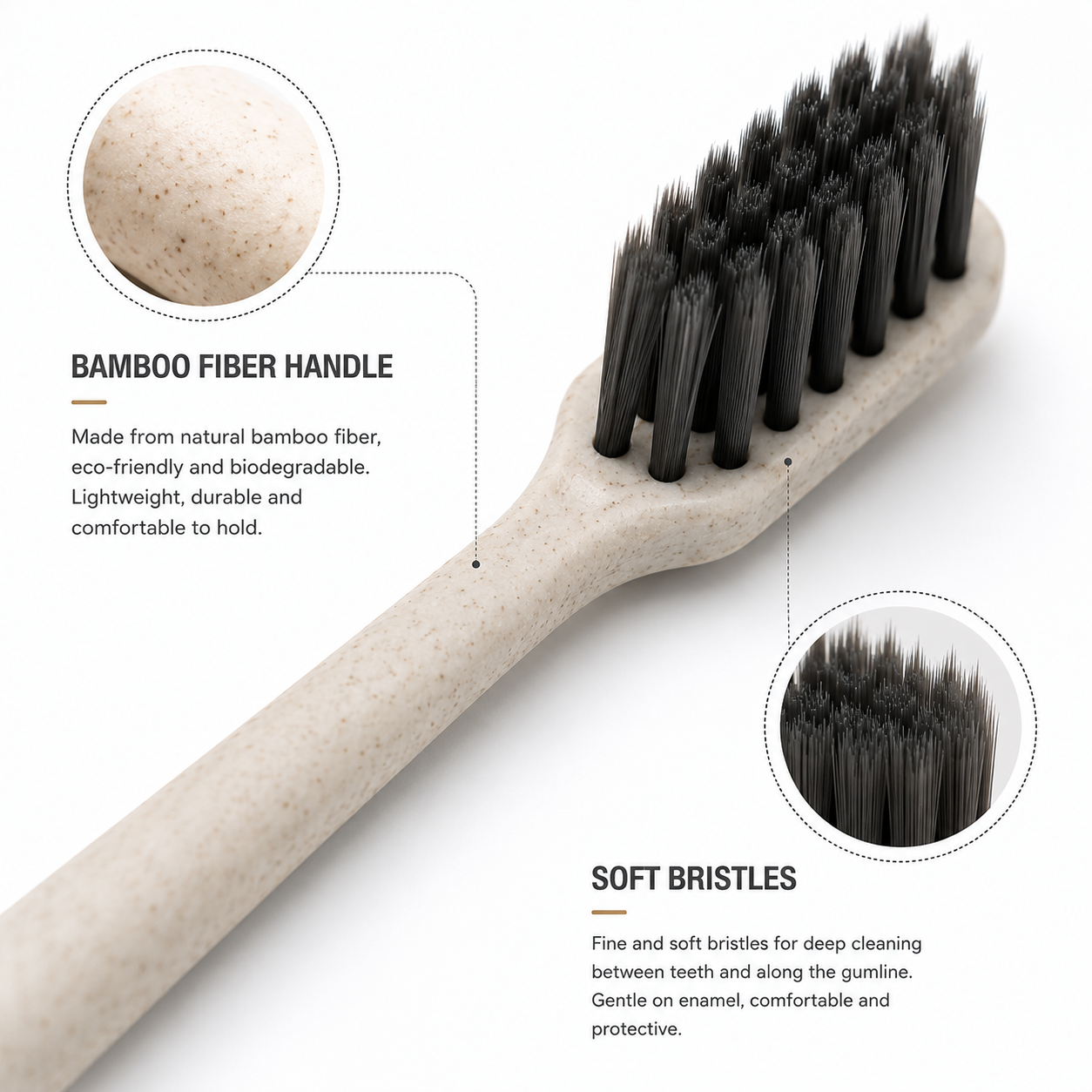 Close-up detail of bamboo fiber hotel toothbrush handle and soft bristles