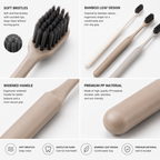 Close-up detail of soft bamboo charcoal bristles and widened ergonomic toothbrush handle