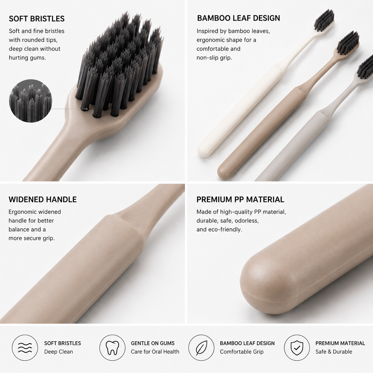Close-up detail of soft bamboo charcoal bristles and widened ergonomic toothbrush handle