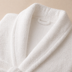 hotel bathrobe collar detail soft velour fabric stitching quality close up