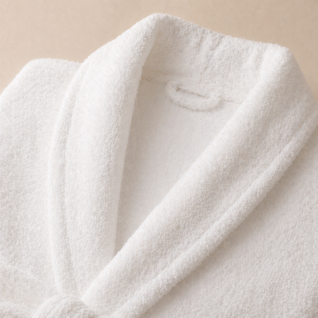 hotel bathrobe collar detail soft velour fabric stitching quality close up