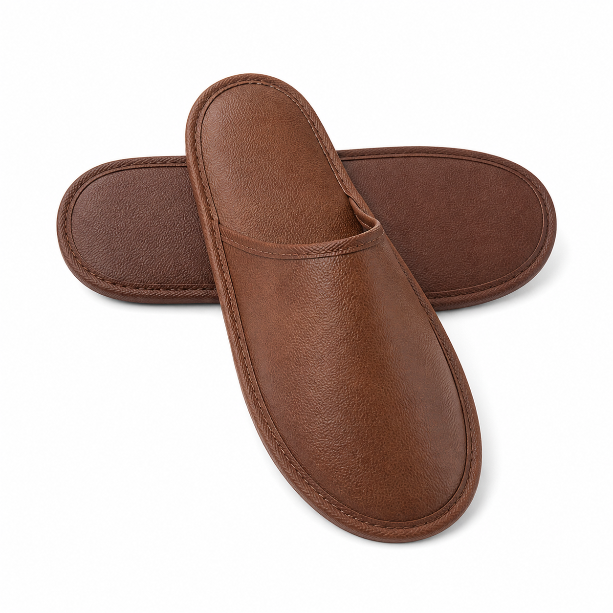 brown PU leather hotel slippers front view anti-slip sole hospitality slippers bulk
