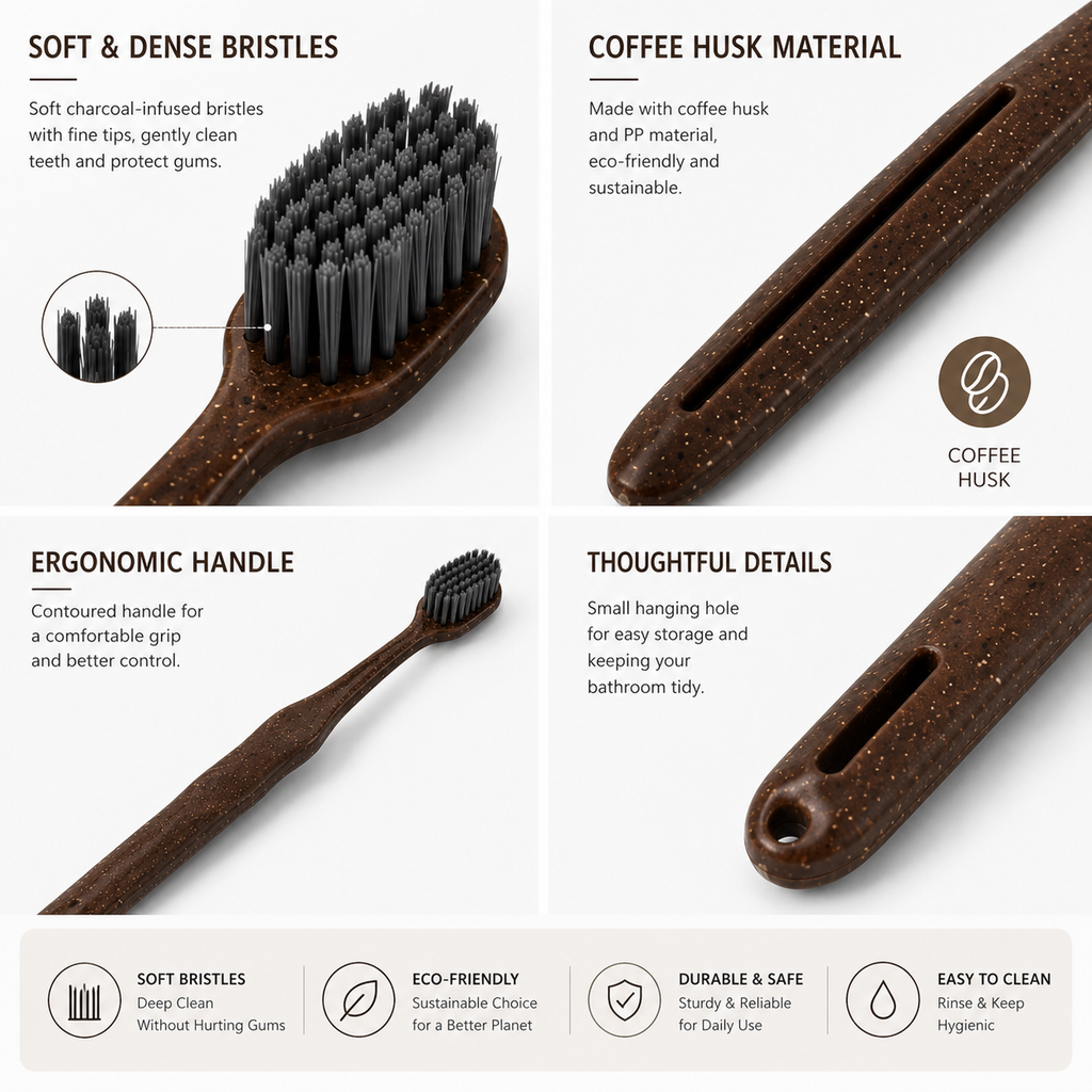 Close-up detail of coffee husk toothbrush handle and soft bamboo charcoal bristles