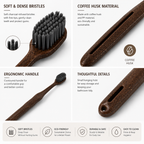 Close-up detail of coffee husk toothbrush handle and soft bamboo charcoal bristles
