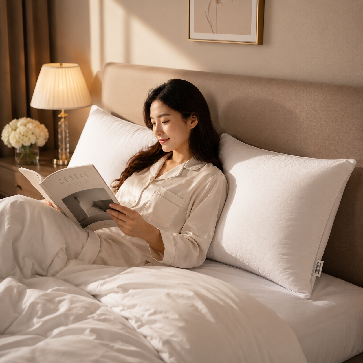 Woman relaxing with luxury goose down hotel pillow