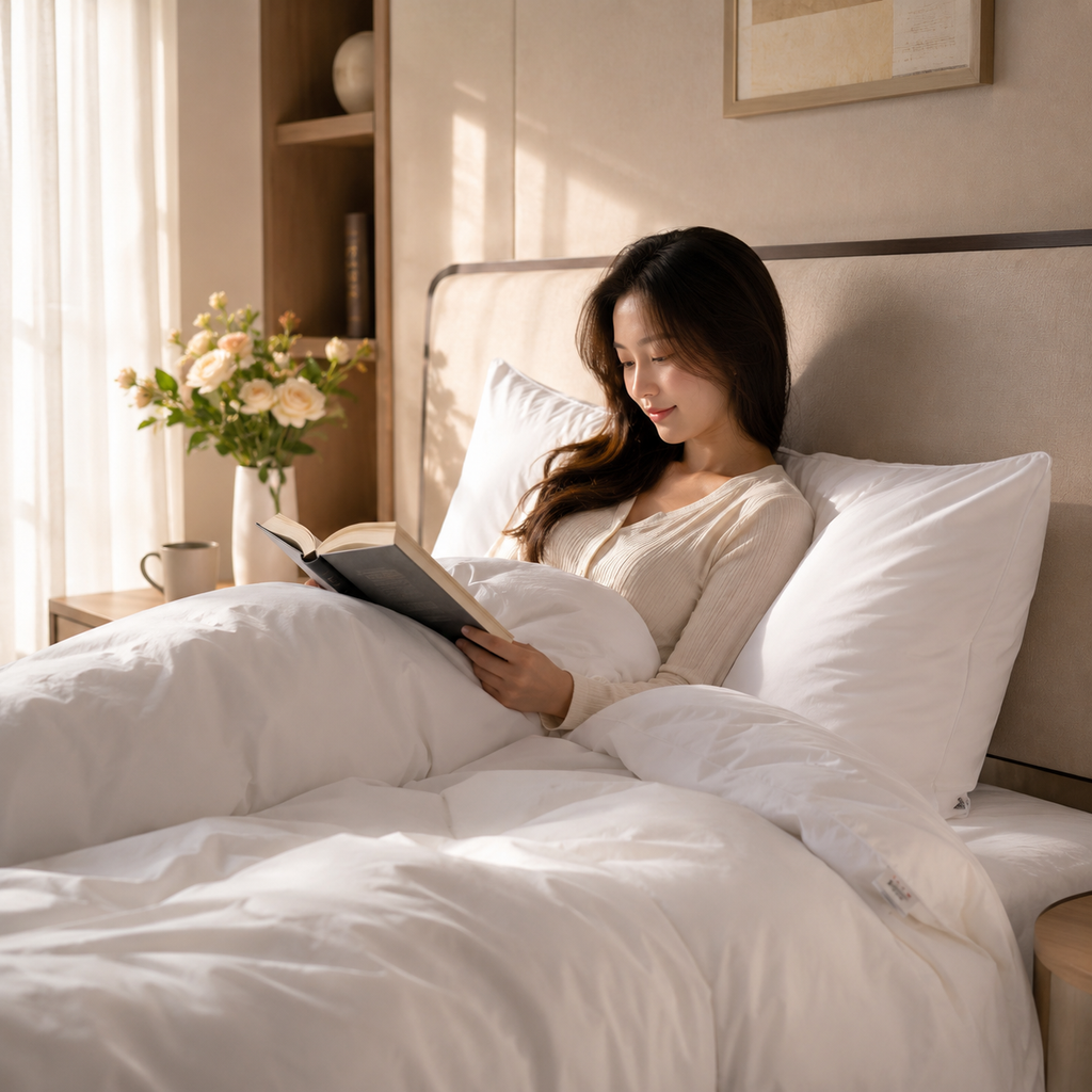 Woman relaxing with luxury feather and down hotel pillow