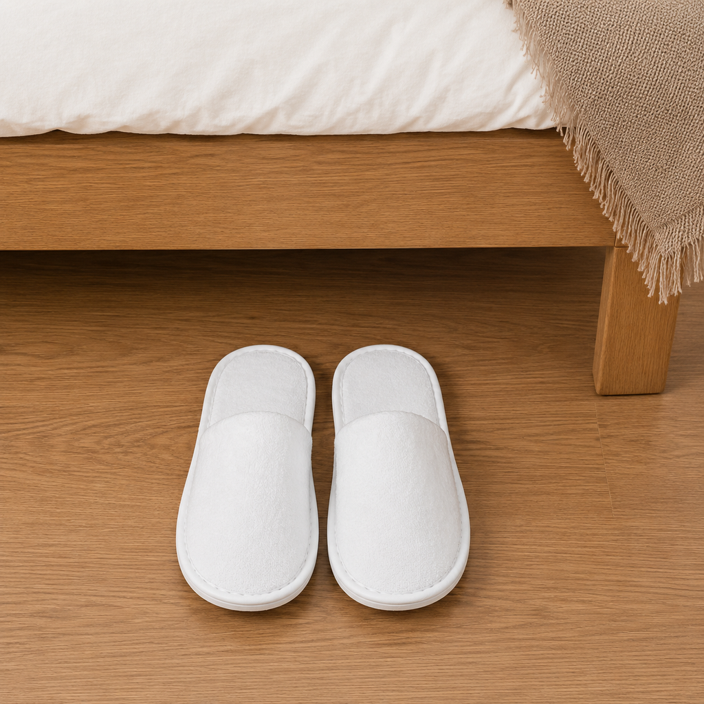 Soft coral fleece hotel slippers beside hotel bed