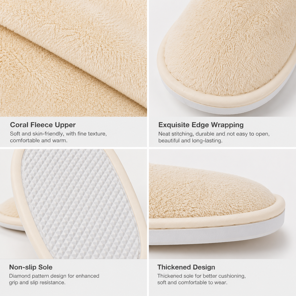 Coral fleece texture and diamond anti-slip sole details