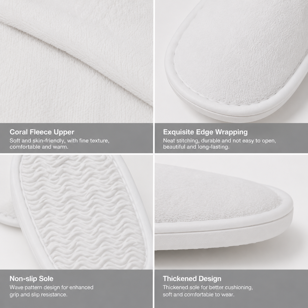 Coral fleece hotel slipper texture and anti-slip sole details
