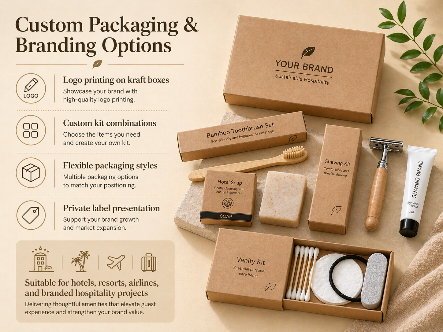 custom hotel amenities kit private label logo packaging eco hospitality supplies manufacturer