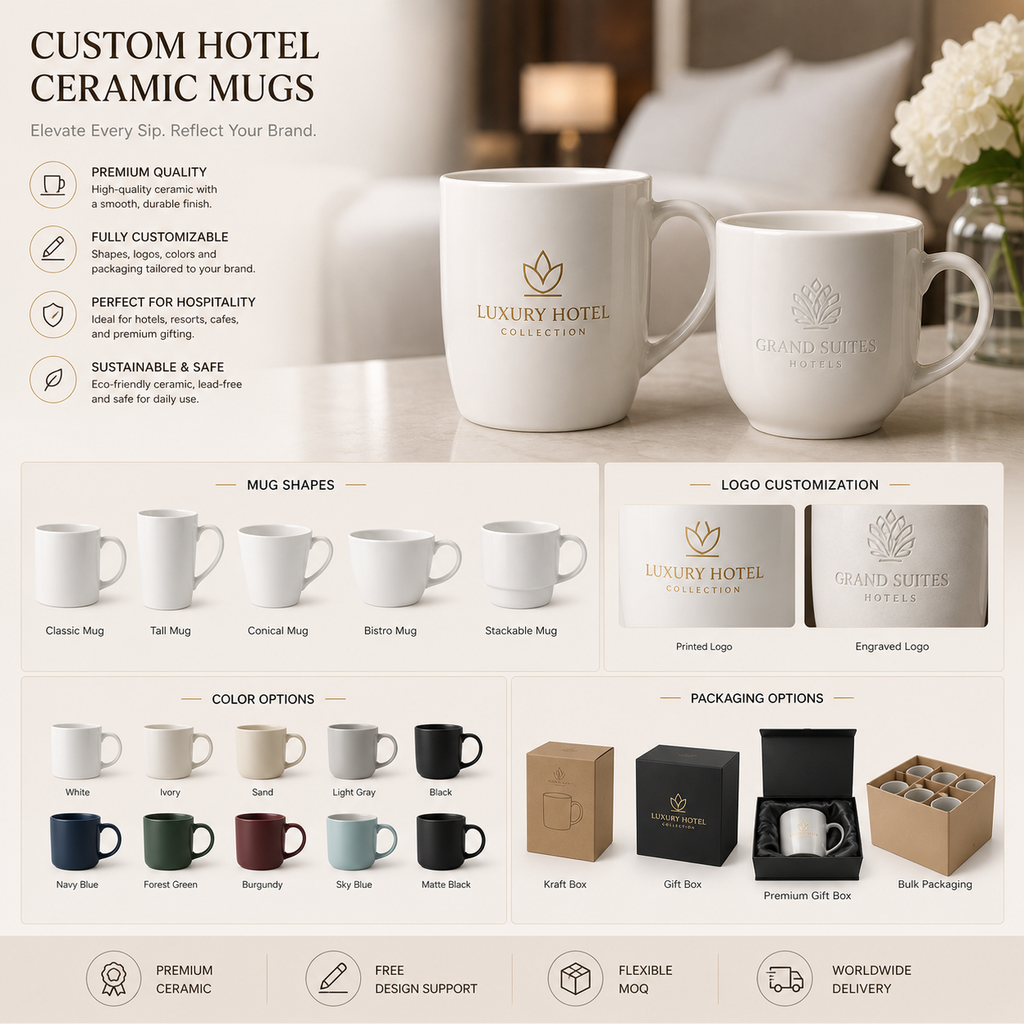 Fully customizable ceramic mugs for hotels and Airbnb with shape selection, logo branding, color options and custom packaging