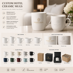 Fully customizable ceramic mugs for hotels and Airbnb with shape selection, logo branding, color options and custom packaging