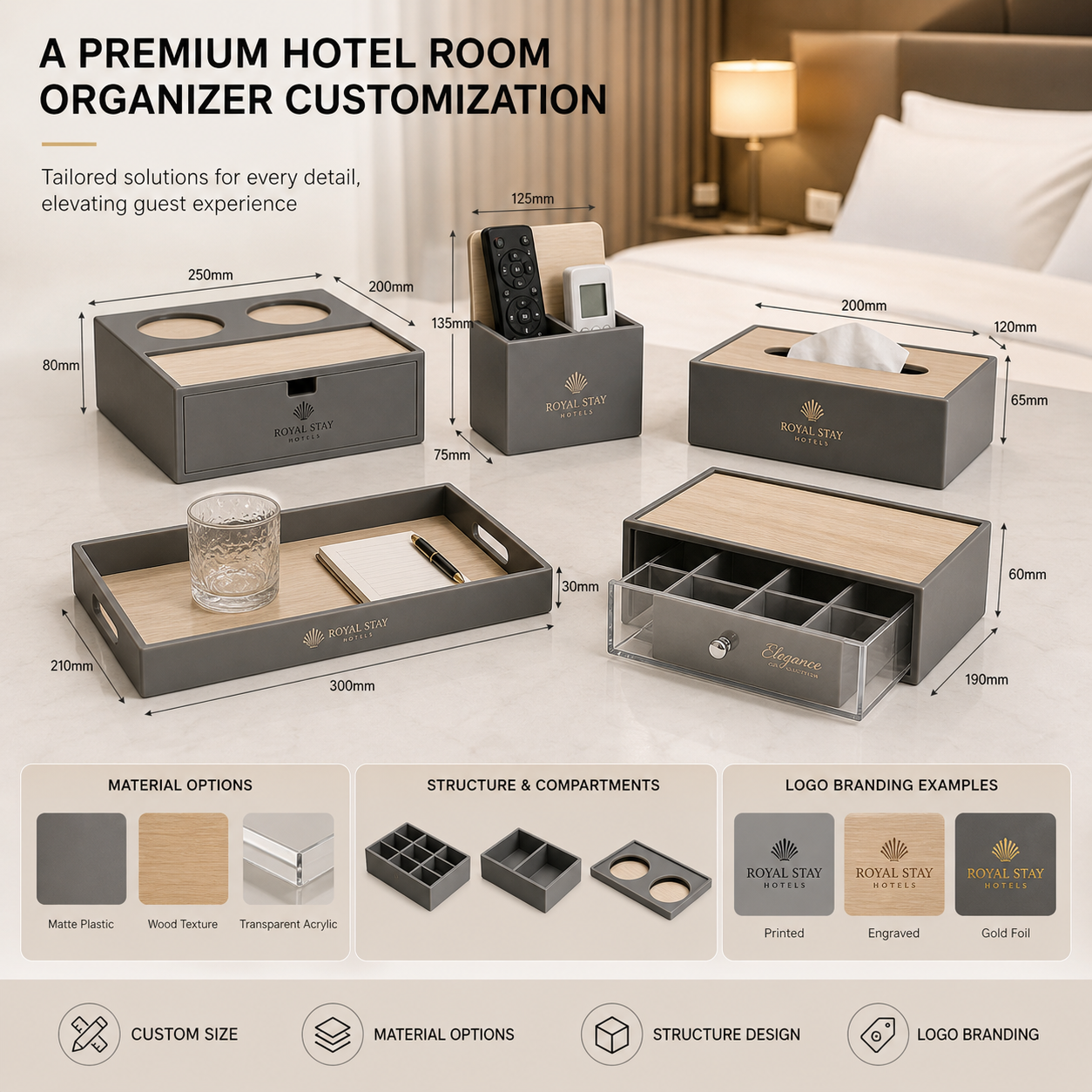 Fully customizable hotel room organizer set with multiple sizes, material options, modular structure design and custom logo branding for hospitality businesses