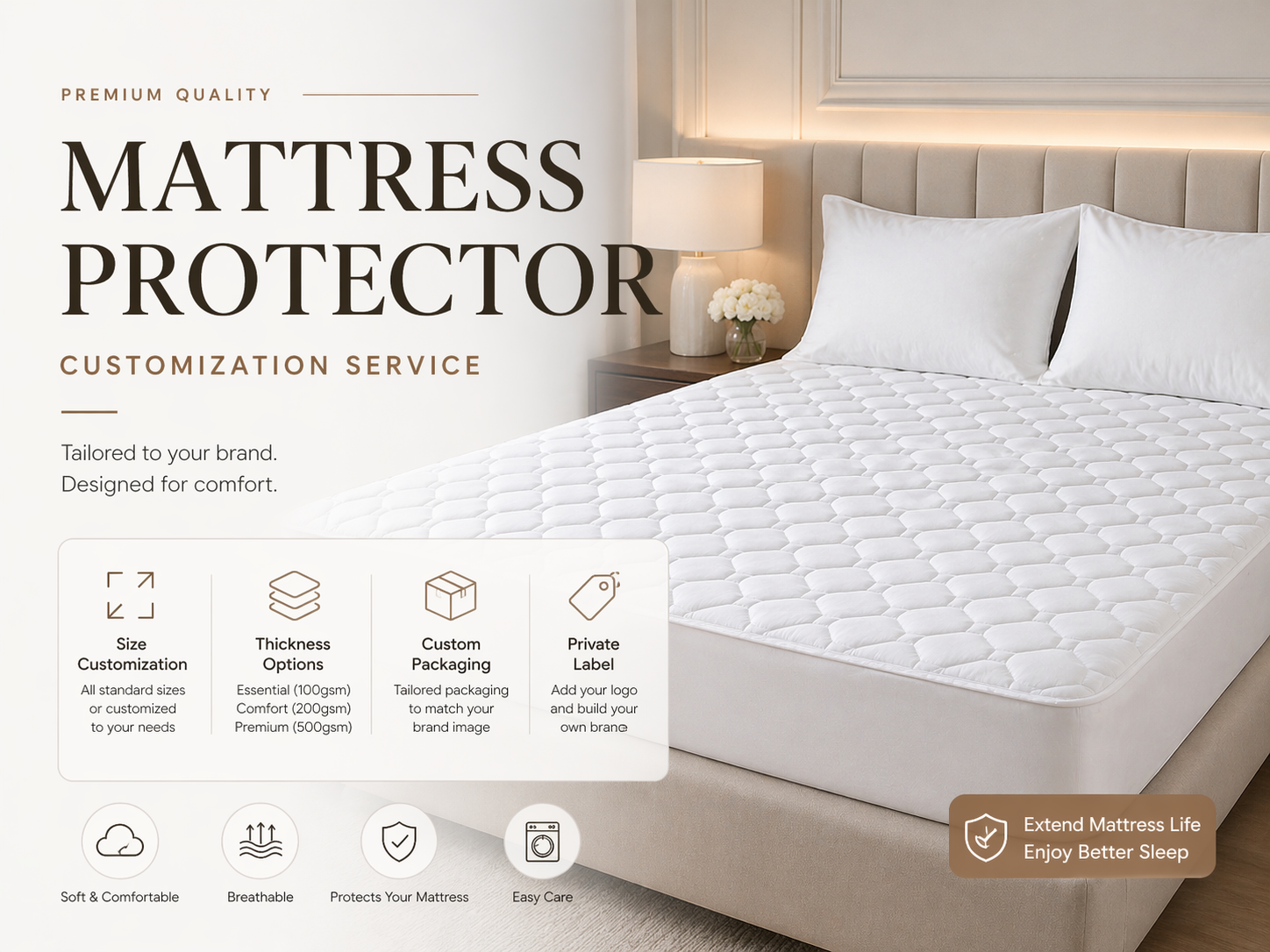 custom mattress protector OEM supplier size thickness packaging private label hotel bedding bulk low MOQ customization