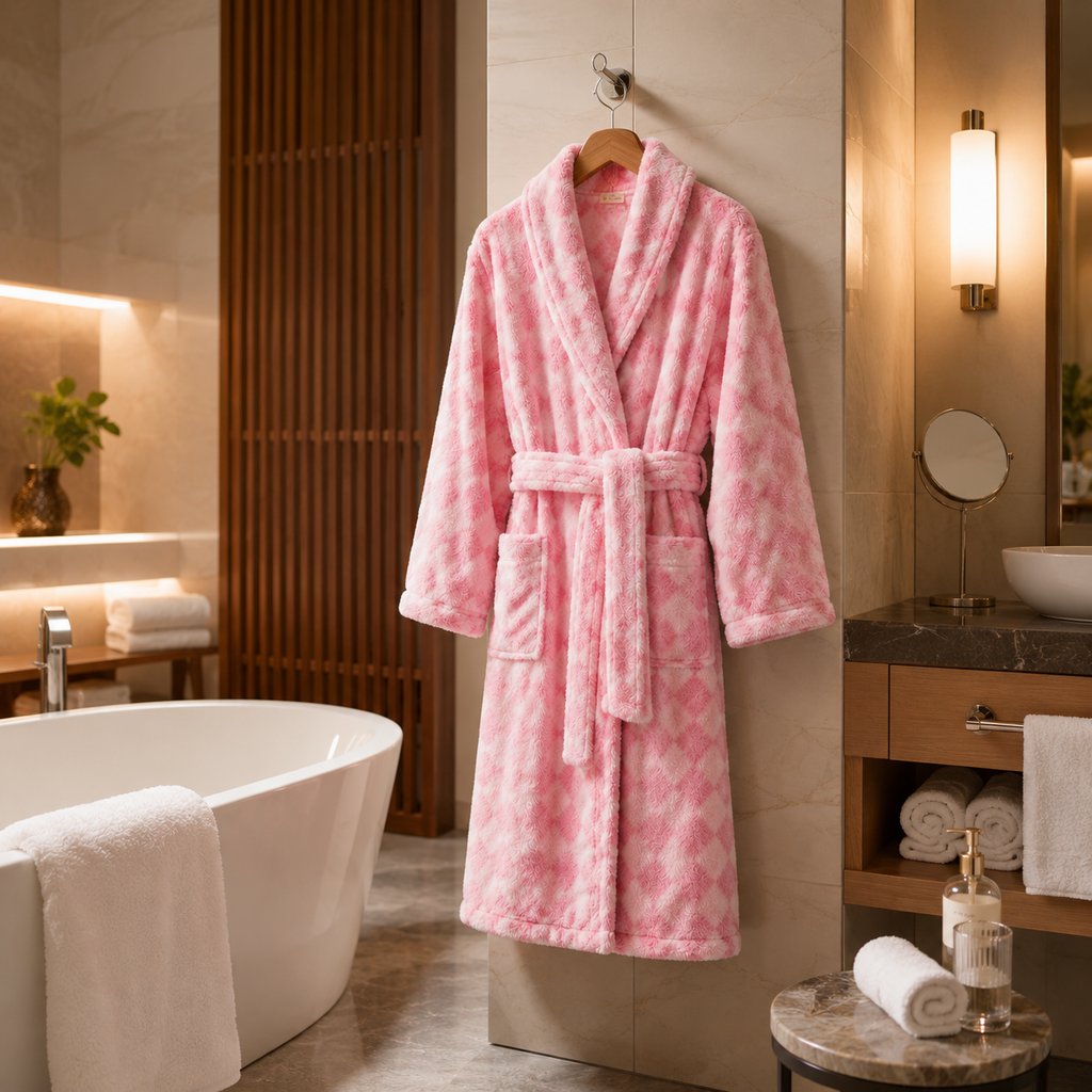 luxury diamond pattern bathrobe hotel bathroom scene
