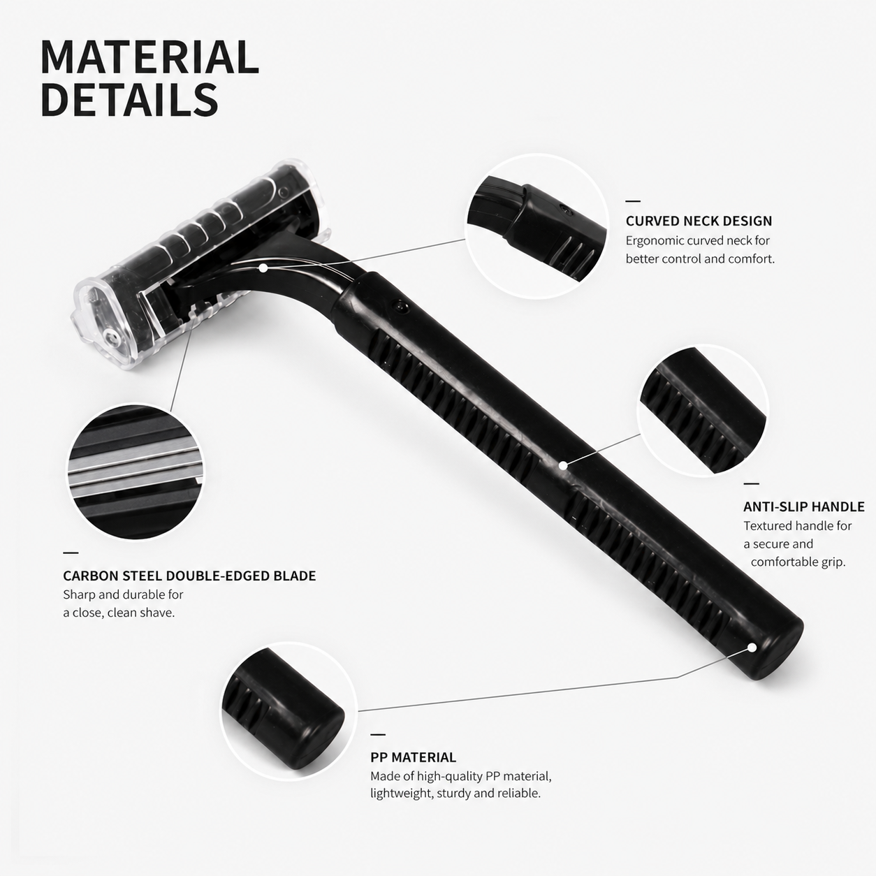 carbon steel twin blade disposable razor ergonomic handle details