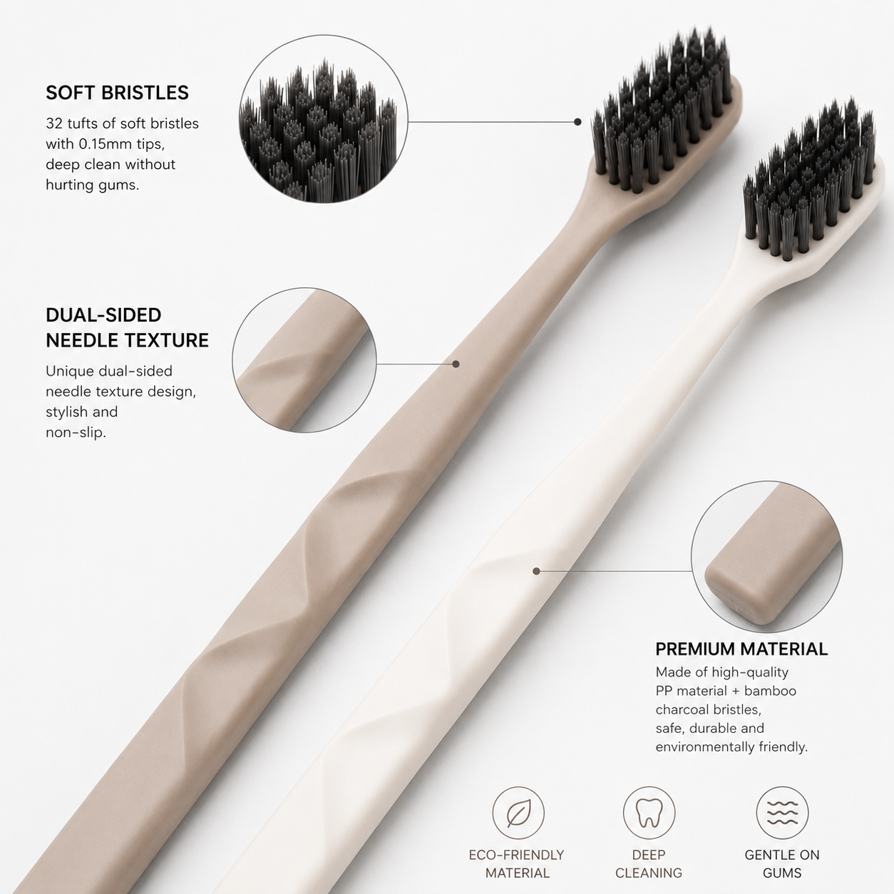 Close-up detail of bamboo charcoal bristles and textured ergonomic toothbrush handle