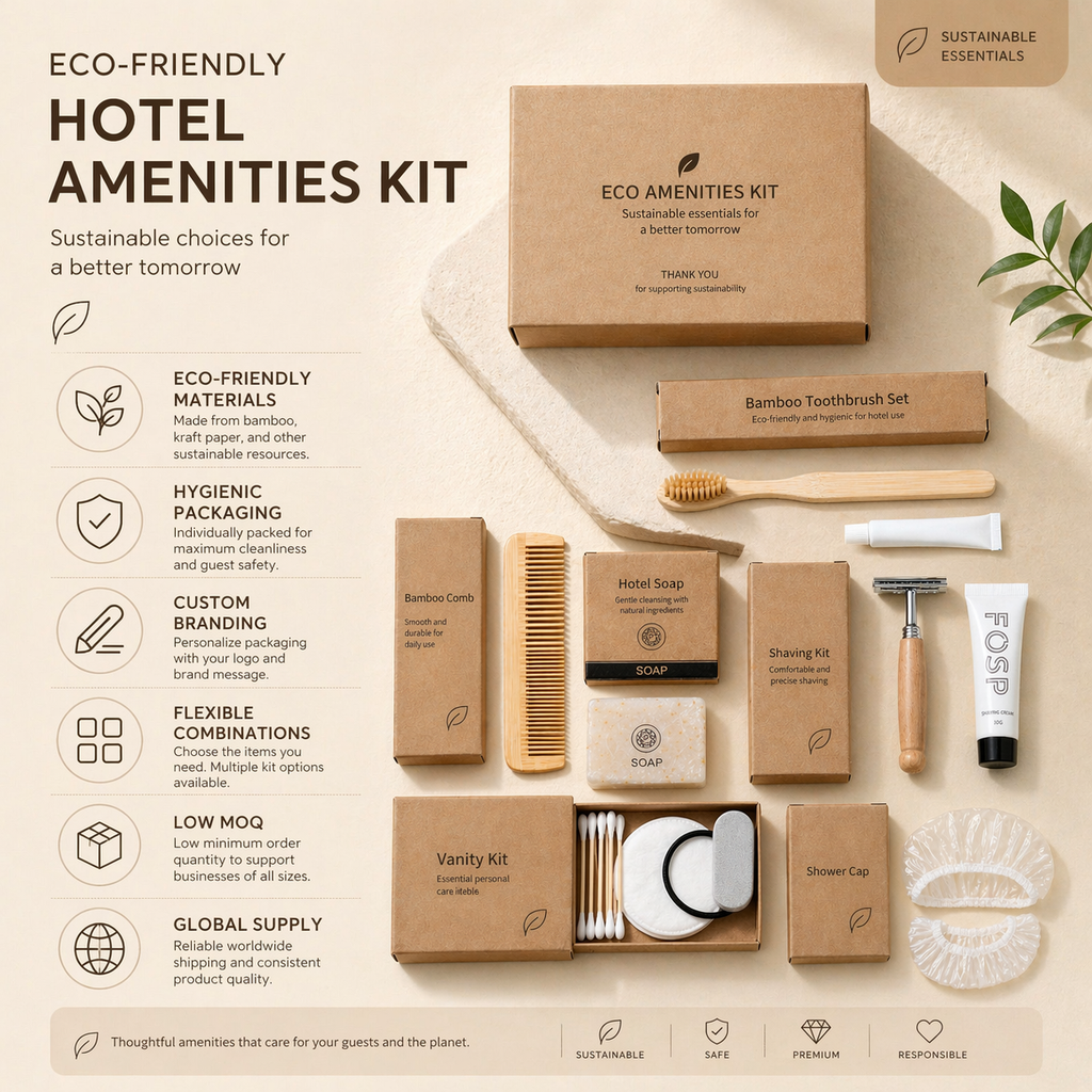 eco friendly hotel amenities kit sustainable packaging bamboo products hospitality supplies
