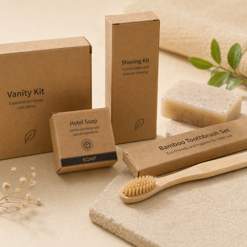 eco hotel bathroom amenities bamboo toothbrush soap natural hospitality guest supplies