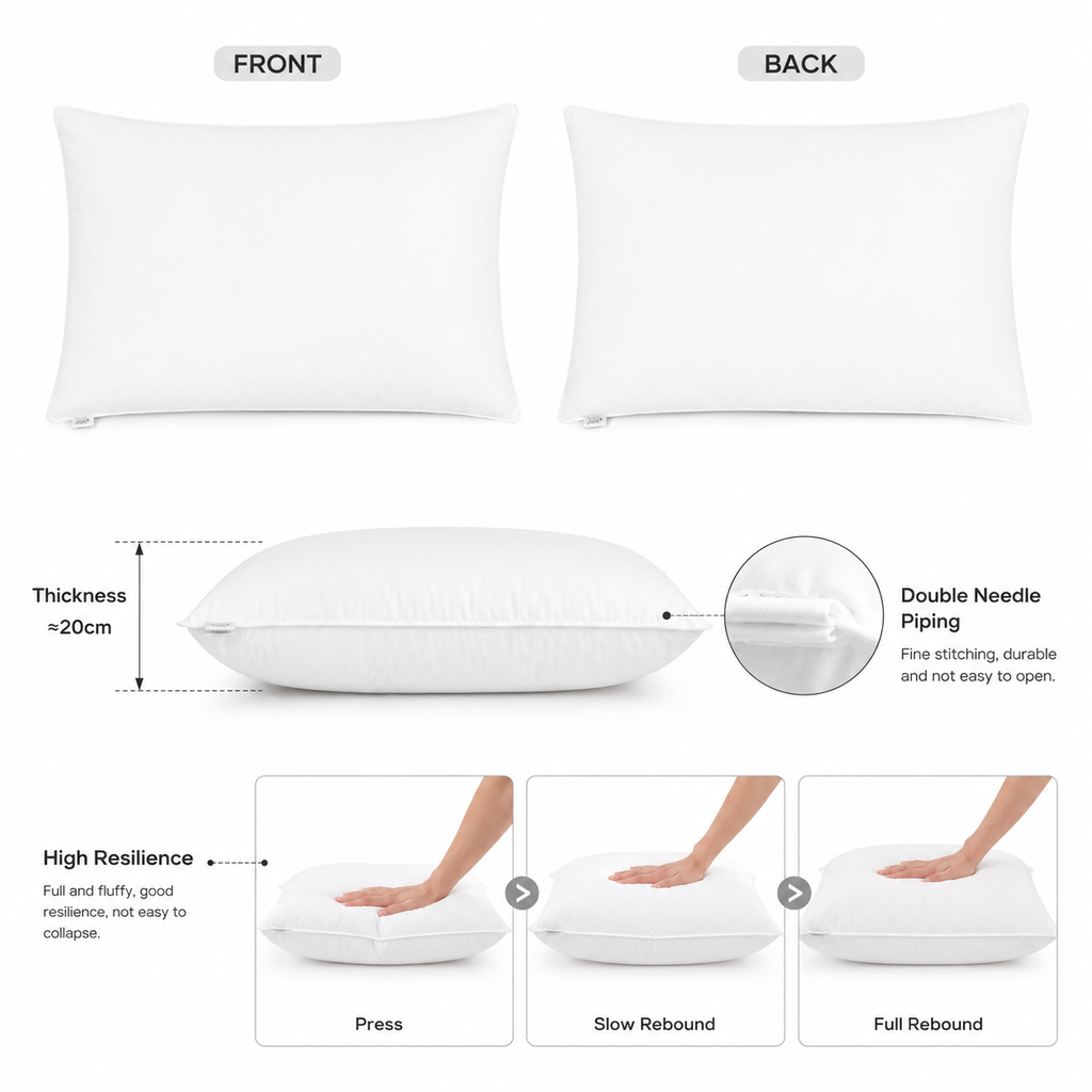 Feather and down pillow rebound support and double needle piping details