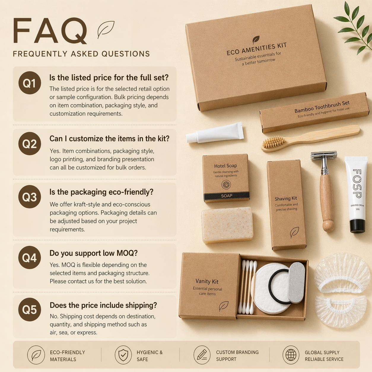 hotel amenities kit faq customization packaging moq bulk order eco friendly hotel supplies