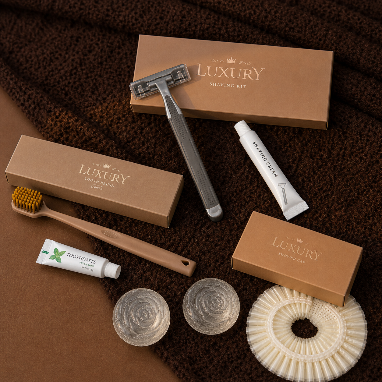 Complete hotel amenities set including toothbrush kit, shaving kit, shower cap and crystal soap, ideal for Airbnb and hospitality supplies