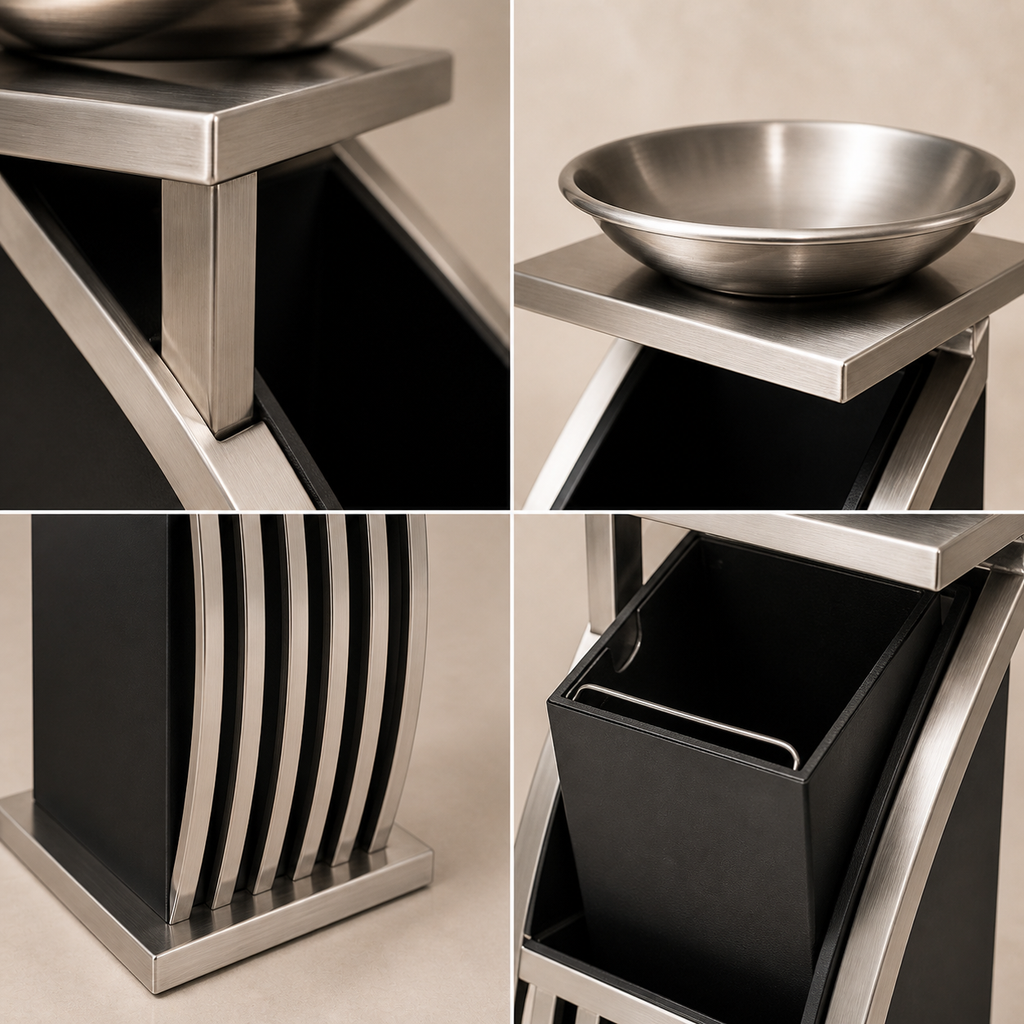 Close up details of stainless steel hotel ashtray trash can showing metal texture ashtray bowl and removable inner bin