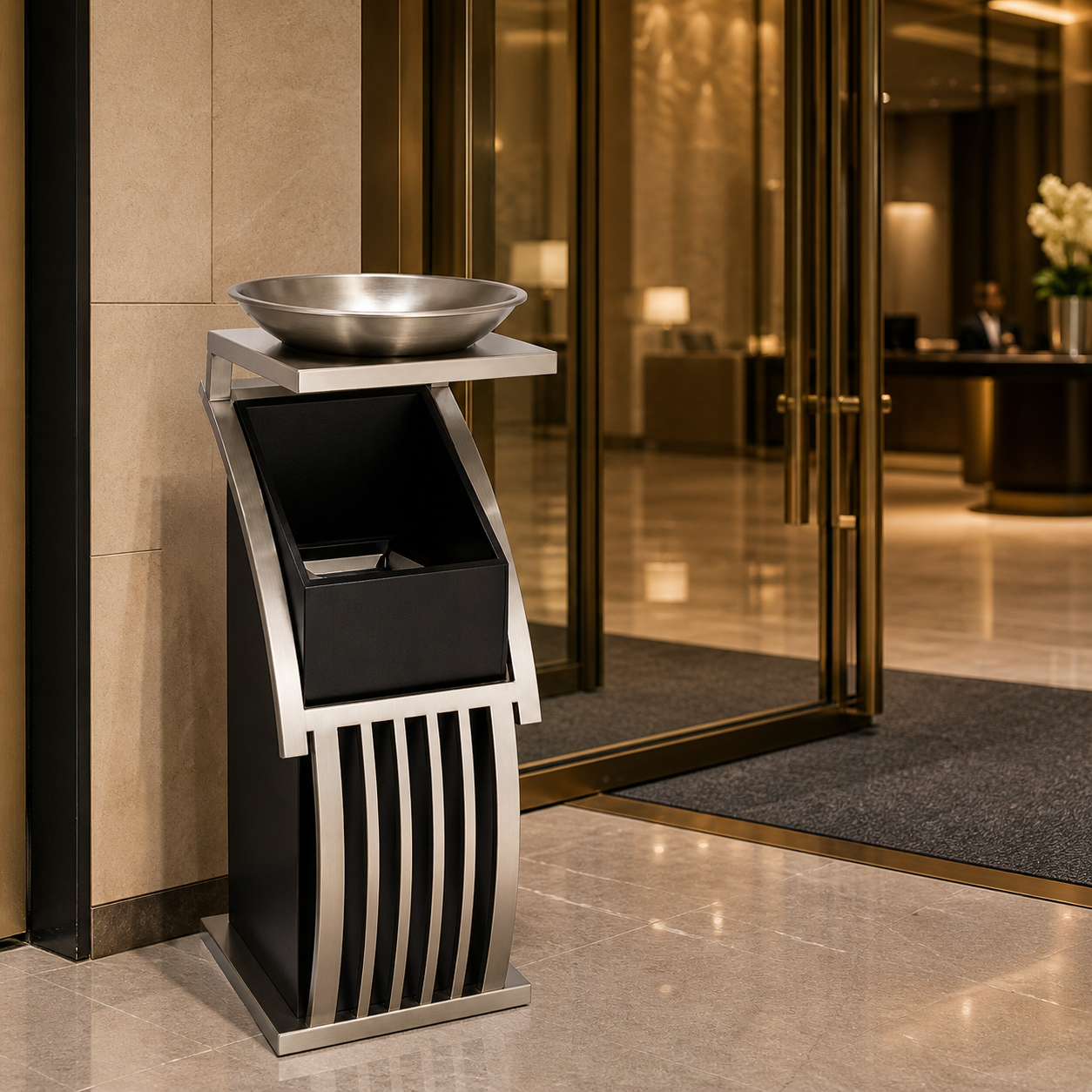 Stainless steel hotel ashtray trash can placed at luxury hotel entrance with modern interior background
