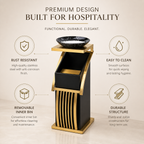 Hotel ashtray trash can with key features including rust resistant stainless steel, removable inner bin, easy to clean surface and durable structure