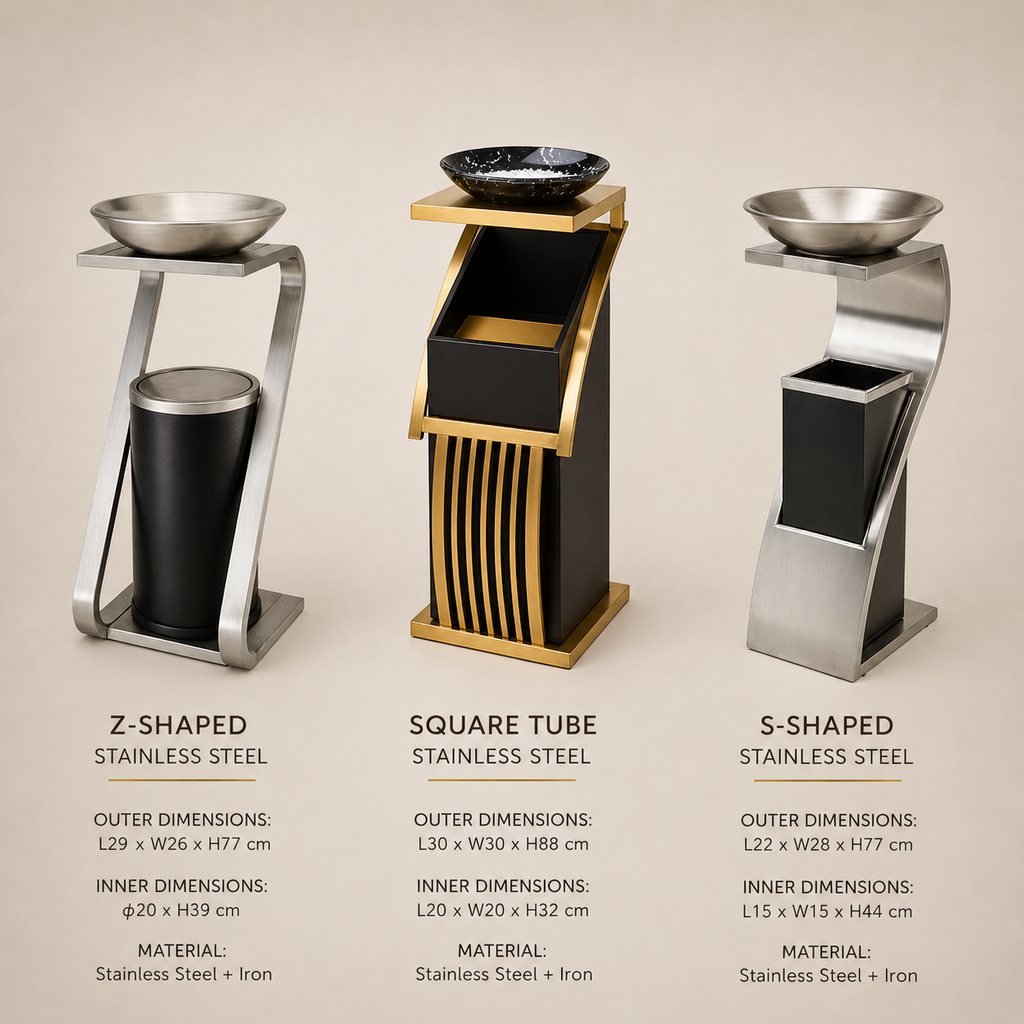 Comparison of hotel ashtray trash can styles including Z shape square tube and S shape stainless steel designs with dimensions