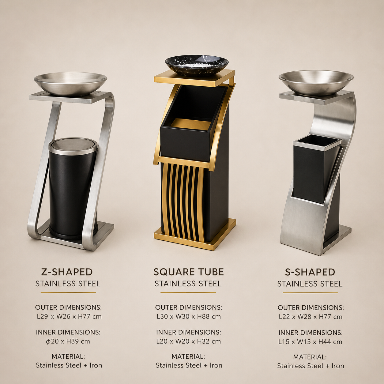 Comparison of hotel ashtray trash can styles including Z shape square tube and S shape stainless steel designs with dimensions