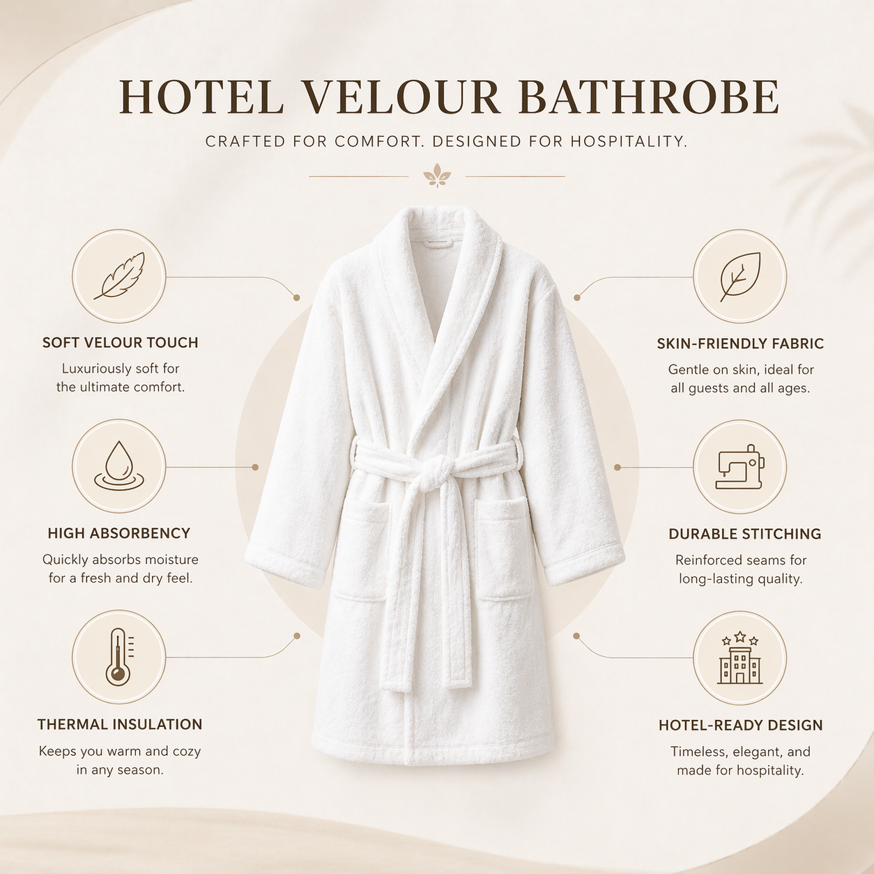 hotel velour bathrobe features soft fabric absorbent durable stitching hospitality use