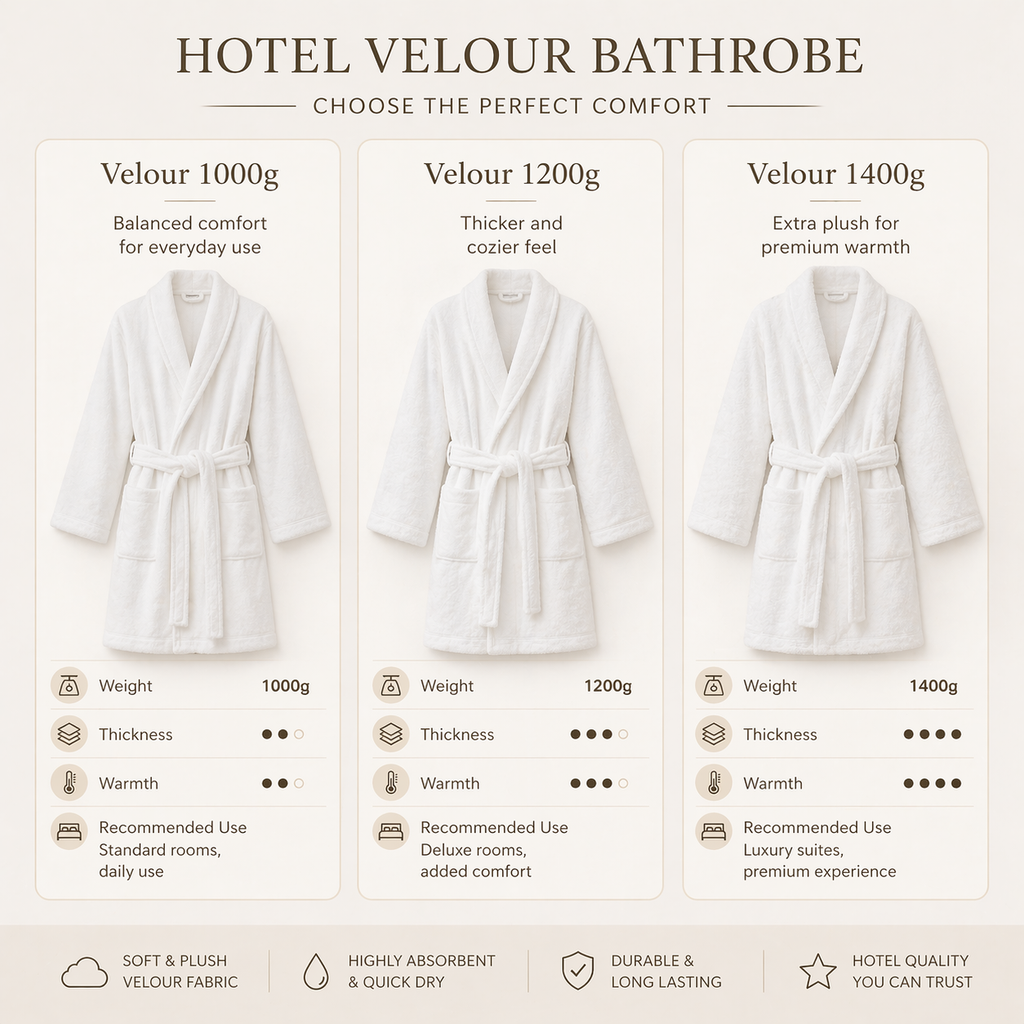 hotel velour bathrobe features soft fabric absorbent durable stitching hospitality use