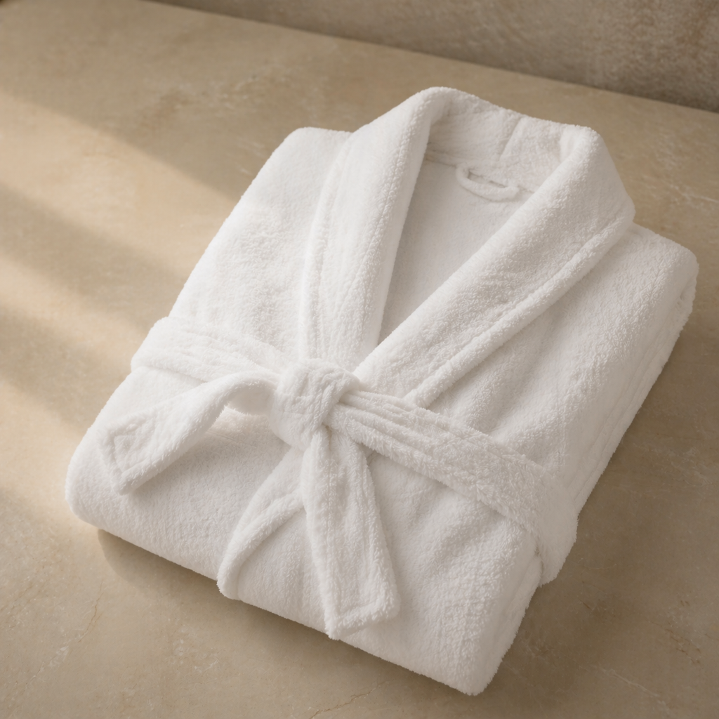 white hotel bathrobe folded soft velour robe for hotel and airbnb supply