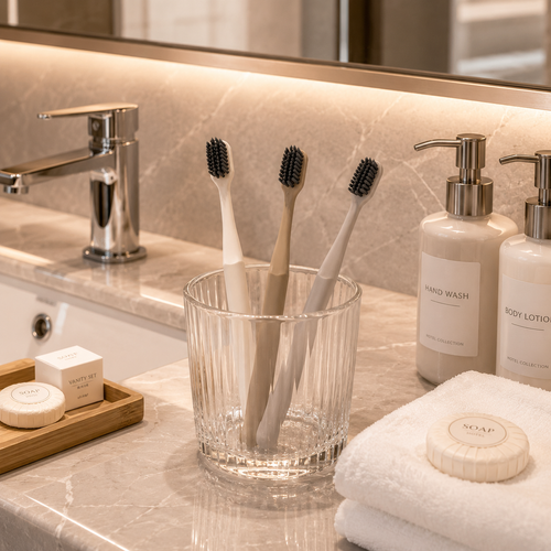 Luxury hotel toothbrushes displayed in a modern bathroom hospitality setting