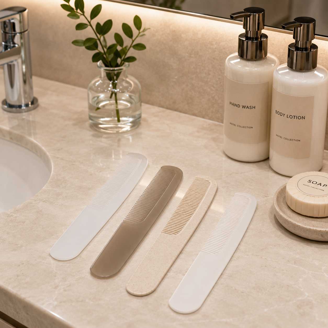 hotel bathroom amenities with eco-friendly hospitality comb