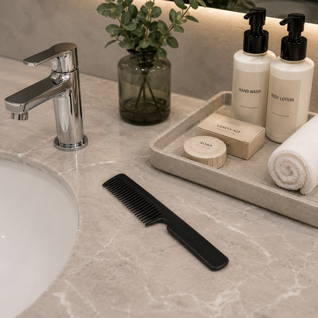 black hotel comb placed in luxury bathroom amenities setting