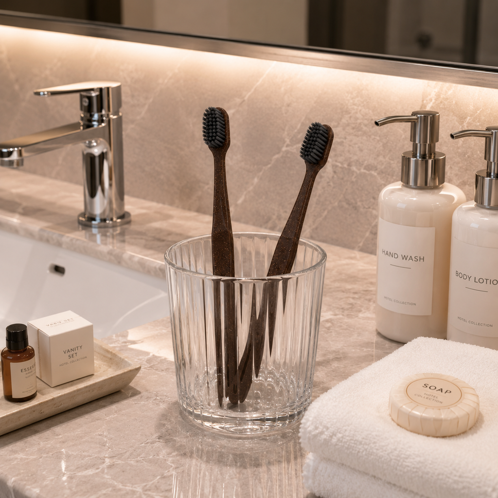 Coffee husk eco hotel toothbrushes displayed in a luxury bathroom setting