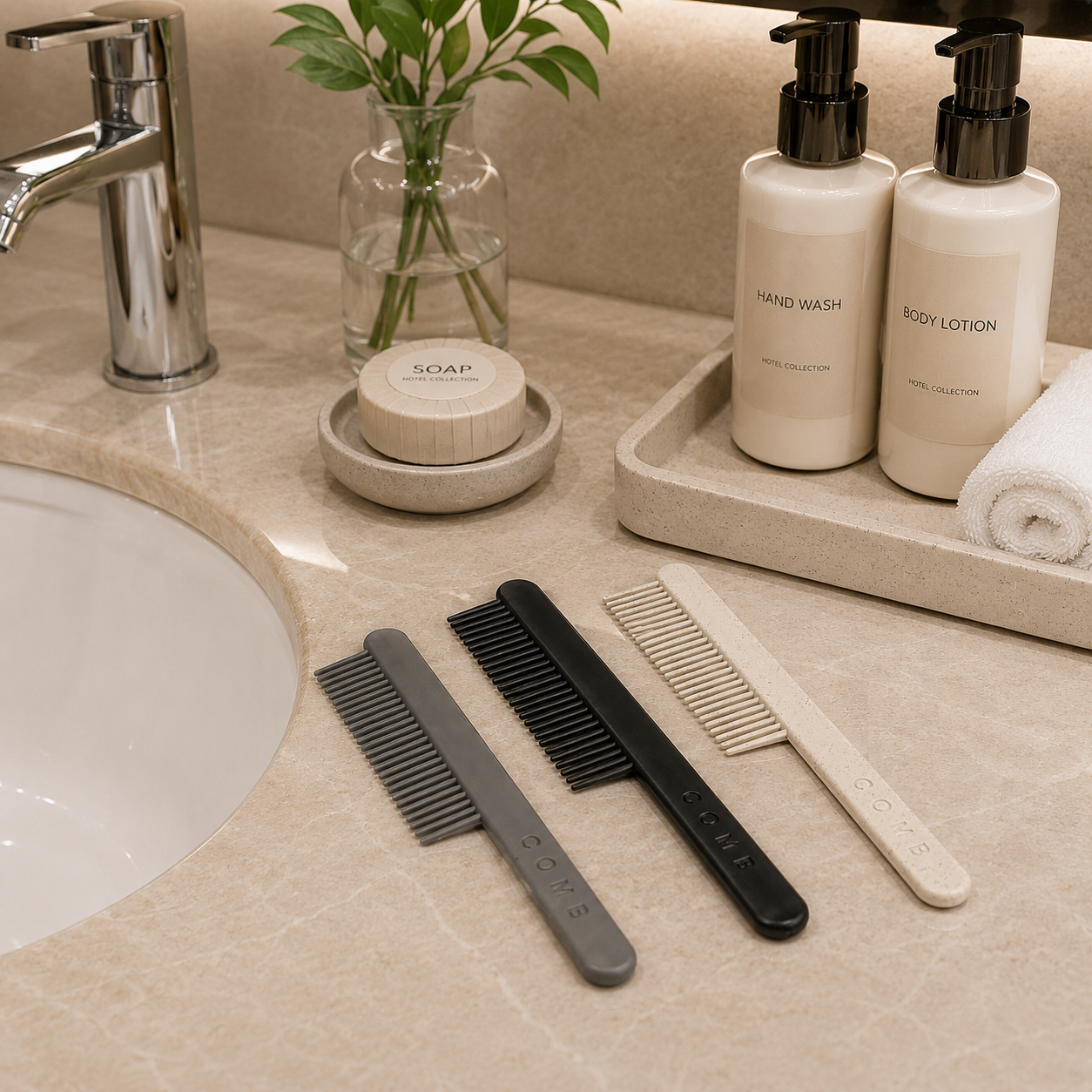 hotel bathroom amenities with hospitality comb set