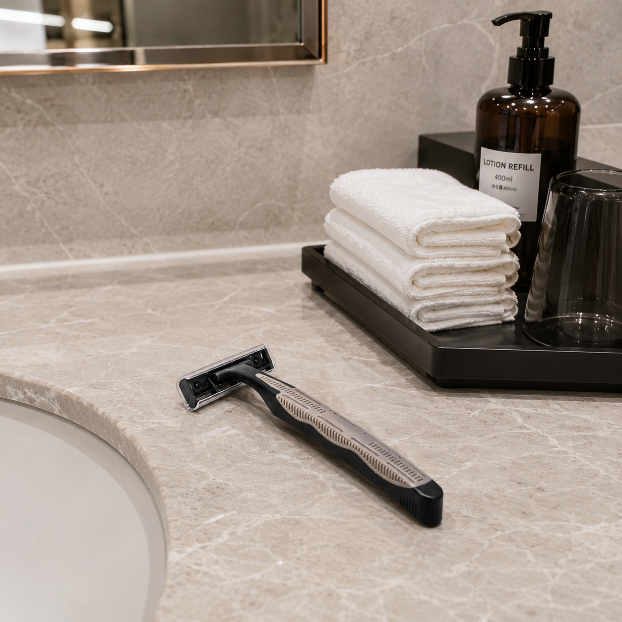 premium hotel disposable razor displayed in luxury bathroom setting